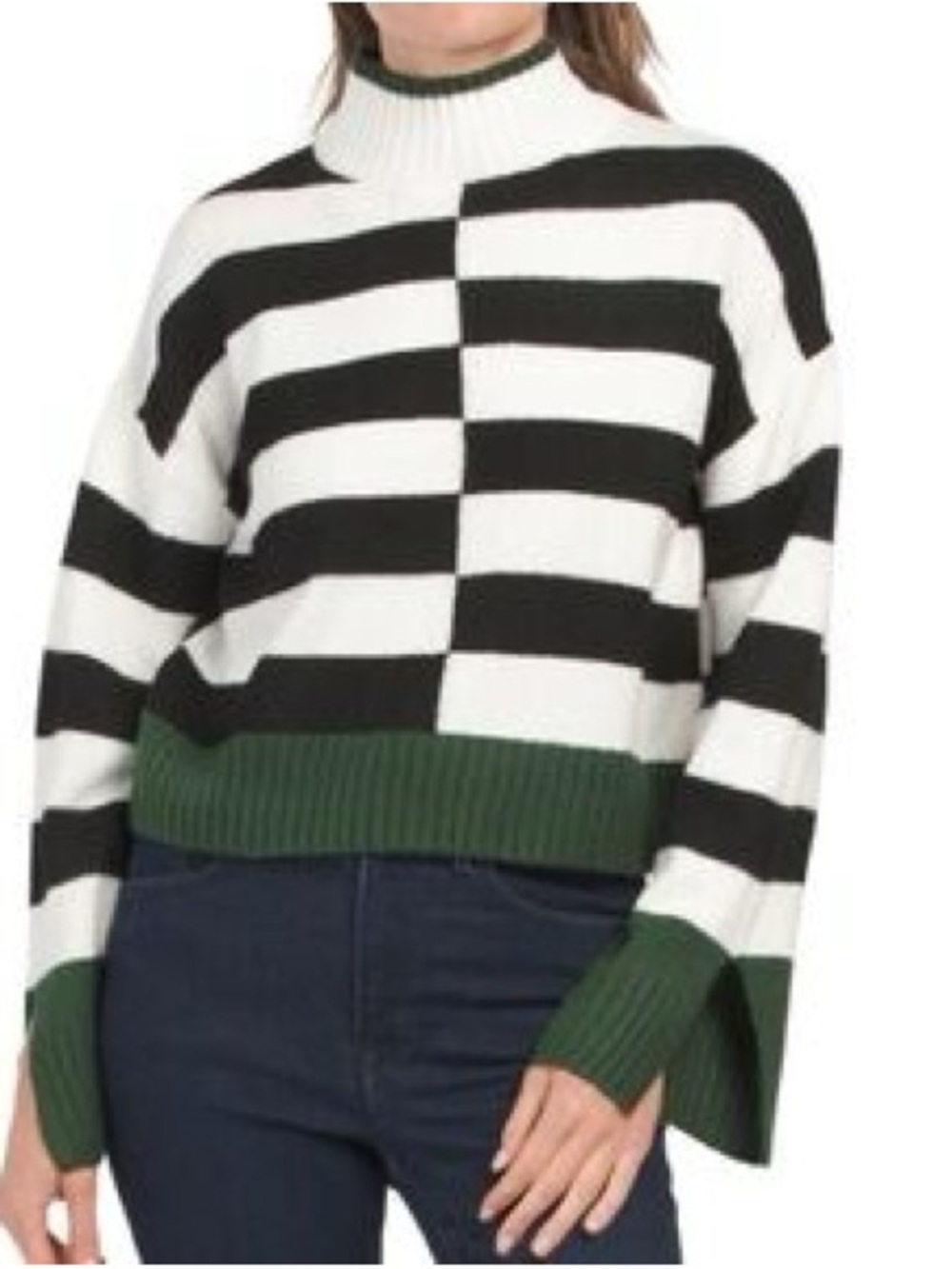 William Rast Striped Black & White Sweater with Green Trim - Women's Pullover